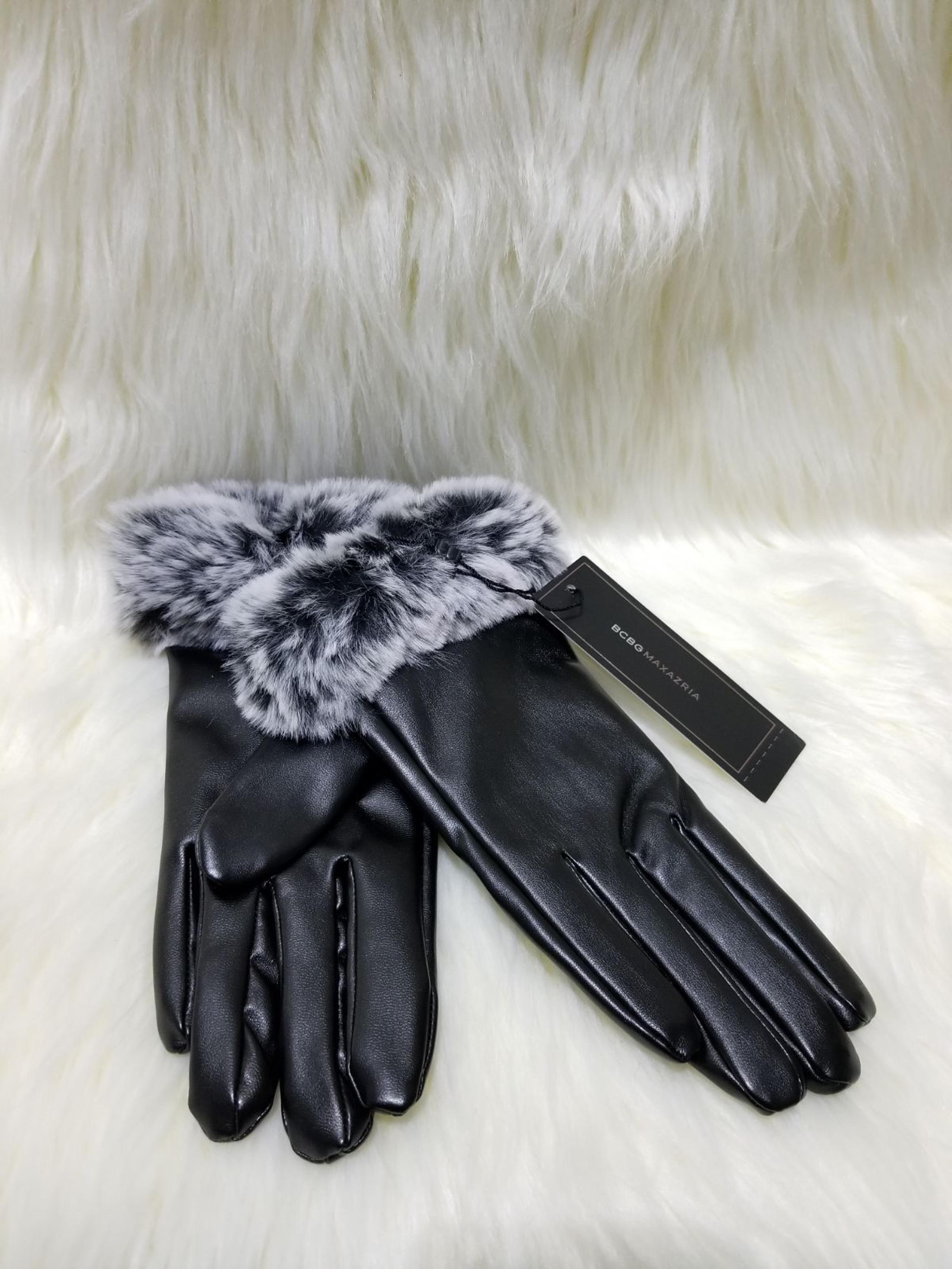 BCBG Black Leather Faux Fur Gloves