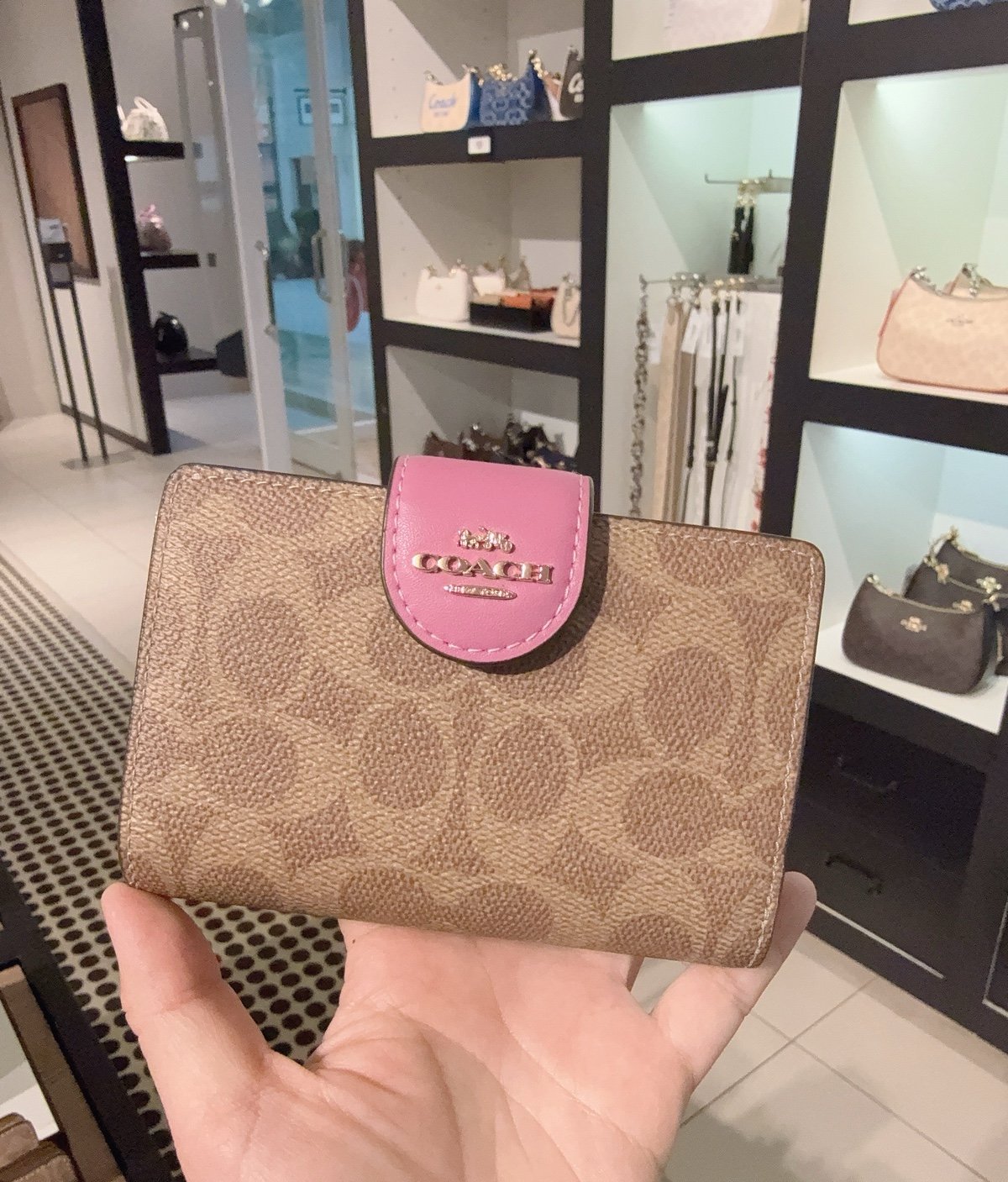 Coach Medium Corner Zip Wallet in Signature Canvas TAN/Fuschia CW786 NWT