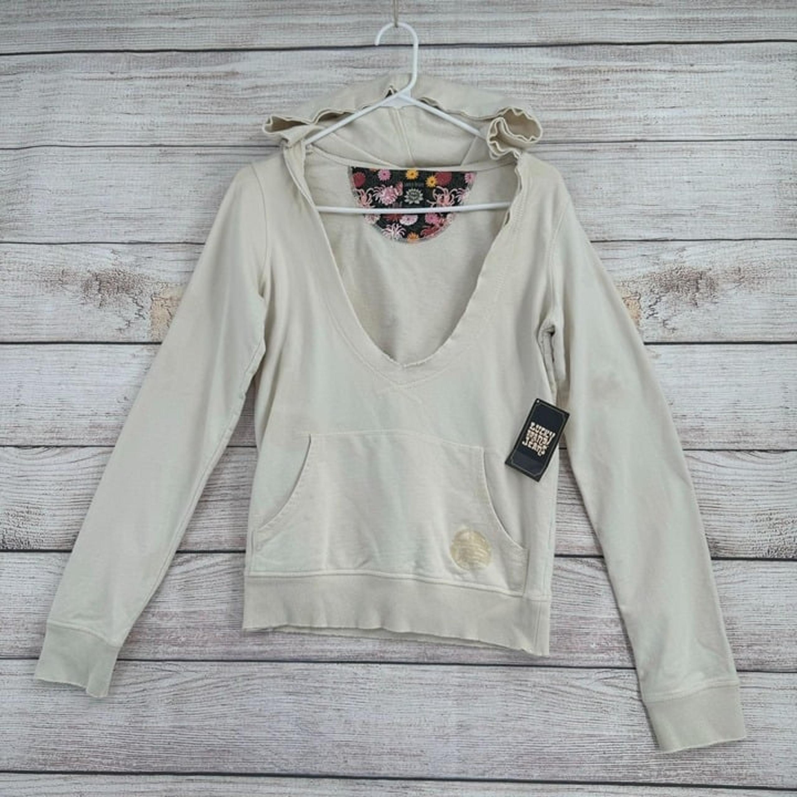 Lucky Brand Scoop Neck Rough Seam Asian Hoodie Sweatshirt Women's S Cream NEW