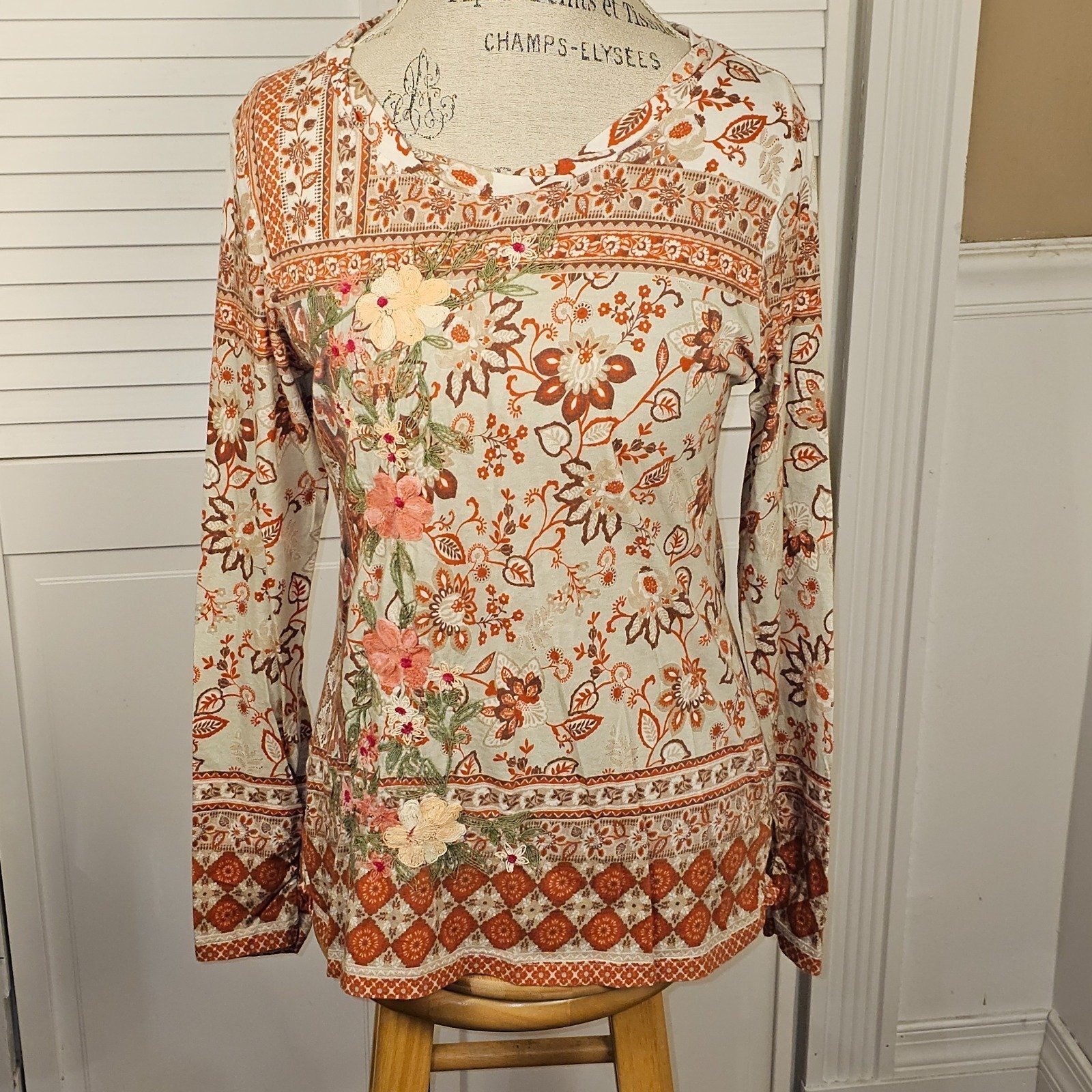 Sundance Womens Orange Green Floral Embroidered Long Sleeve Boho Shirt Top Med