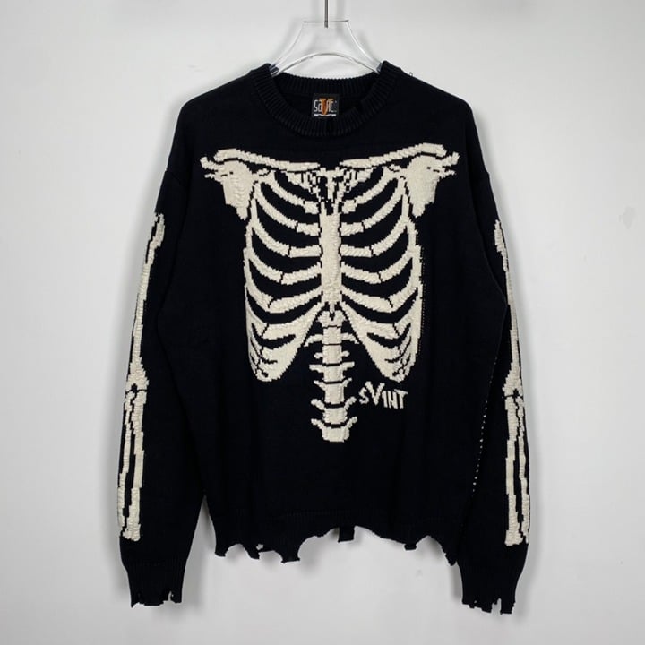 ニット・セーター SAINT MXXXXXX | BONE BLACK WOOL KNIT SWEATER Black Saint Mxxxxxx x VLONE Bone Knit Sweater
