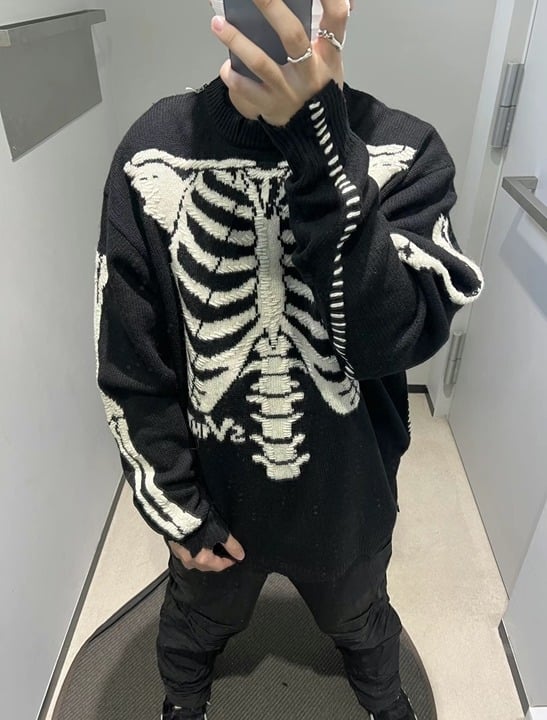 ニット・セーター SAINT MXXXXXX | BONE BLACK WOOL KNIT SWEATER Black Saint Mxxxxxx x VLONE Bone Knit Sweater