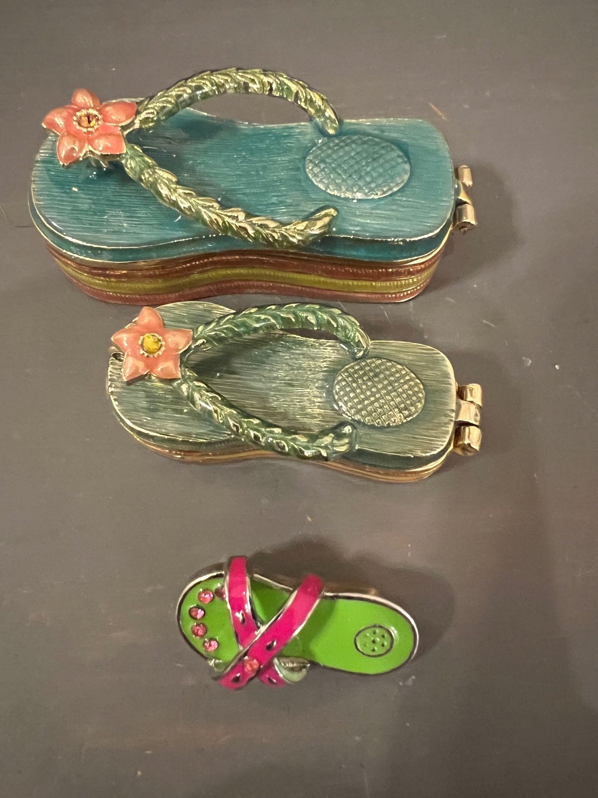 Tiny enamel jeweled flip flop collection, 2 are Monet trinket boxes