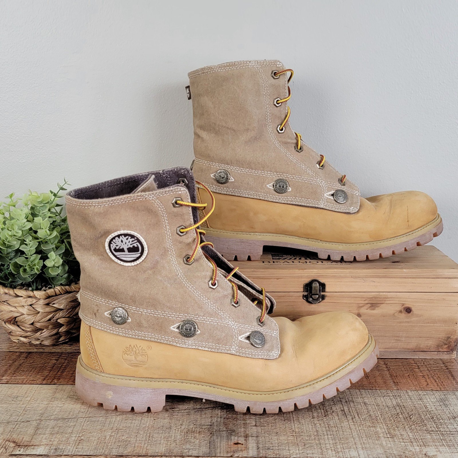 Timberland 11.5 Convertible 3 in 1 Wheat Leather Canvas Button Roll Top Boots