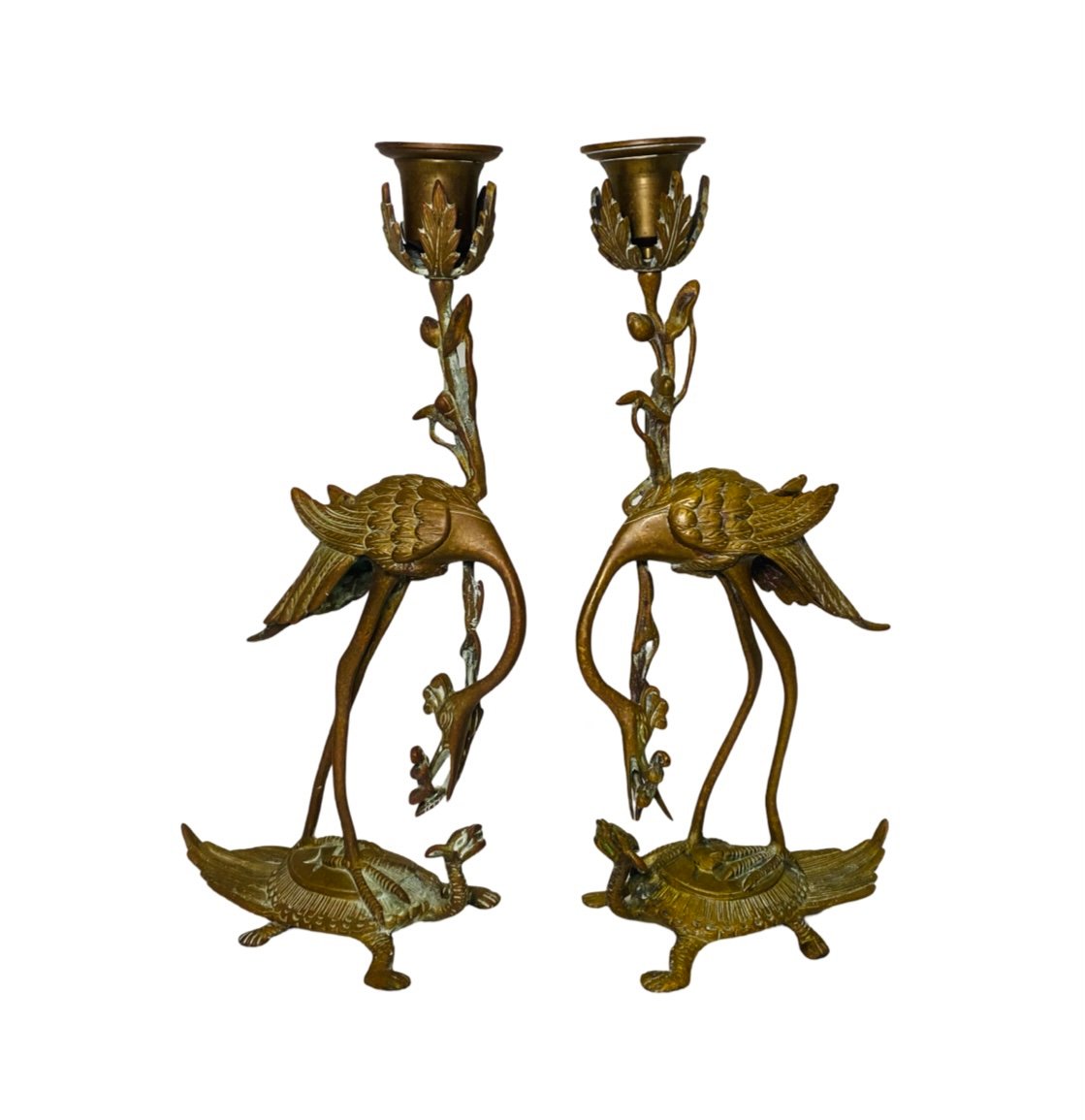 Antique Gilt Bronze Figural Heron & Turtle Candlestick Pair 19th Century.