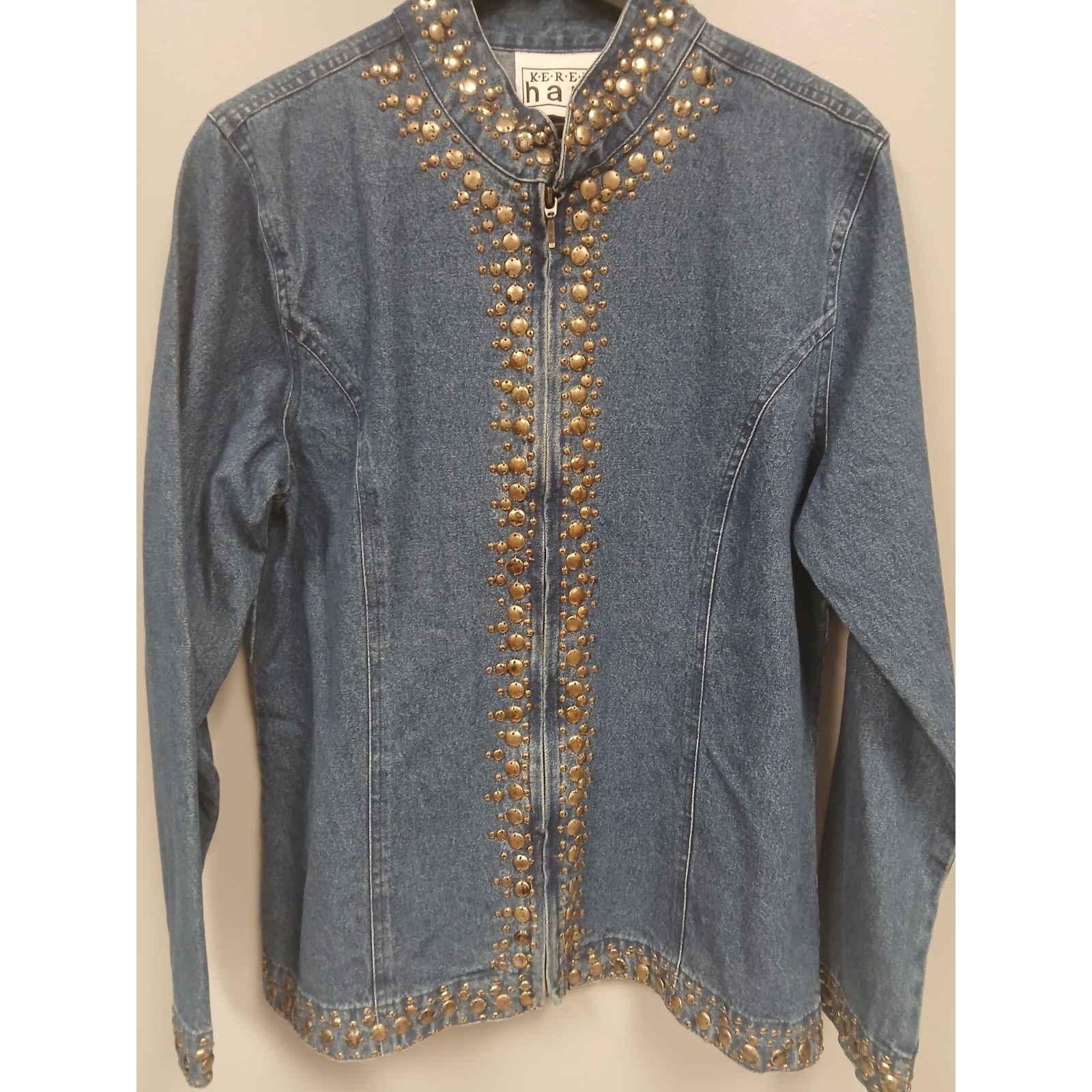 Karen Hart Beaded Denim Jacket zip Womens sz Large