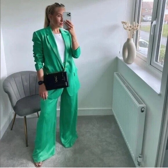 Zara Satin Effect Straight Cut Single Breasted Boyfriend Blazer Kelly Green Med