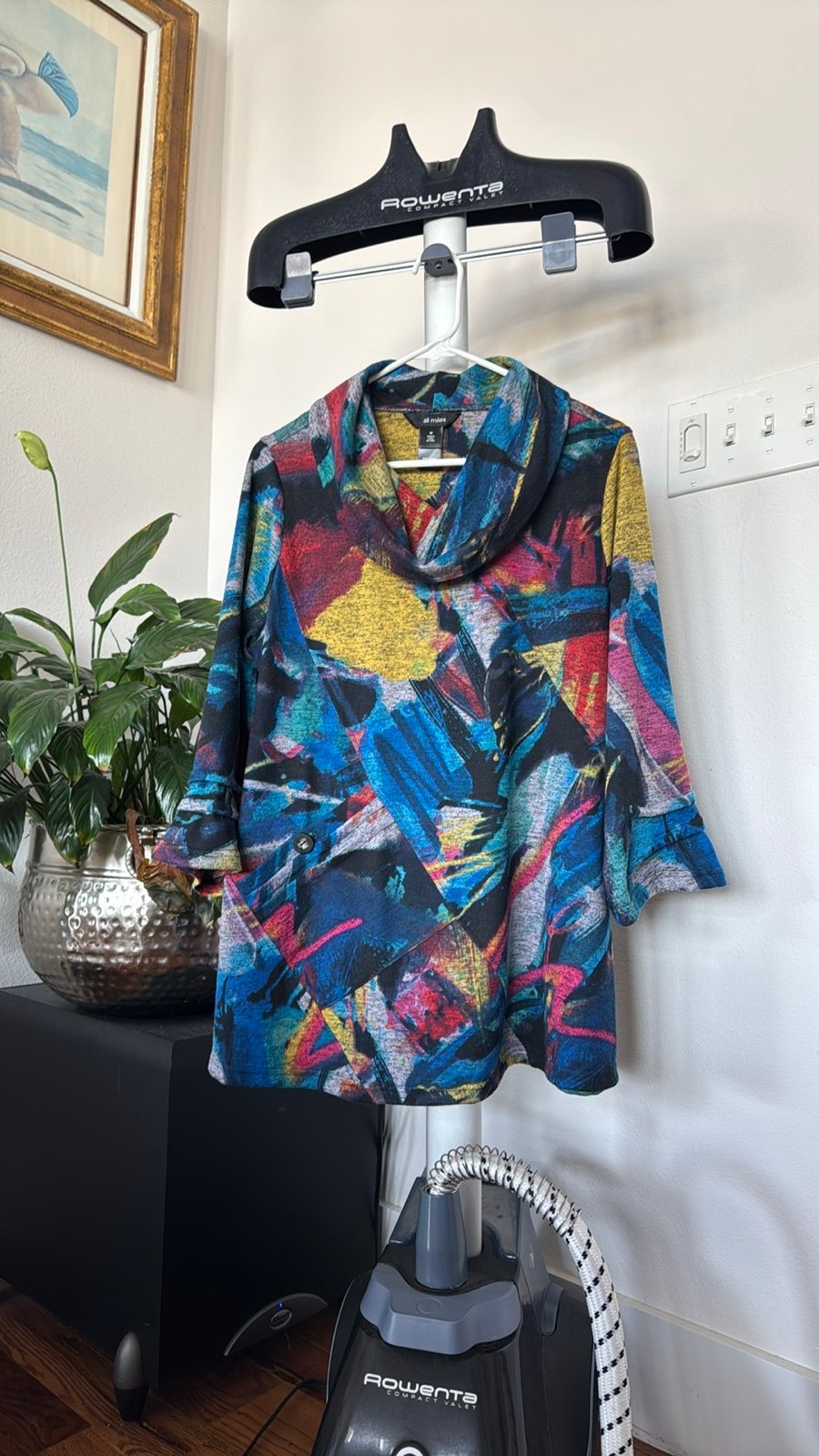 Ali Miles Knit Abstract Print Cowl Neck Sweater Tunic Top Sz M Blue 3/4 Sleeve