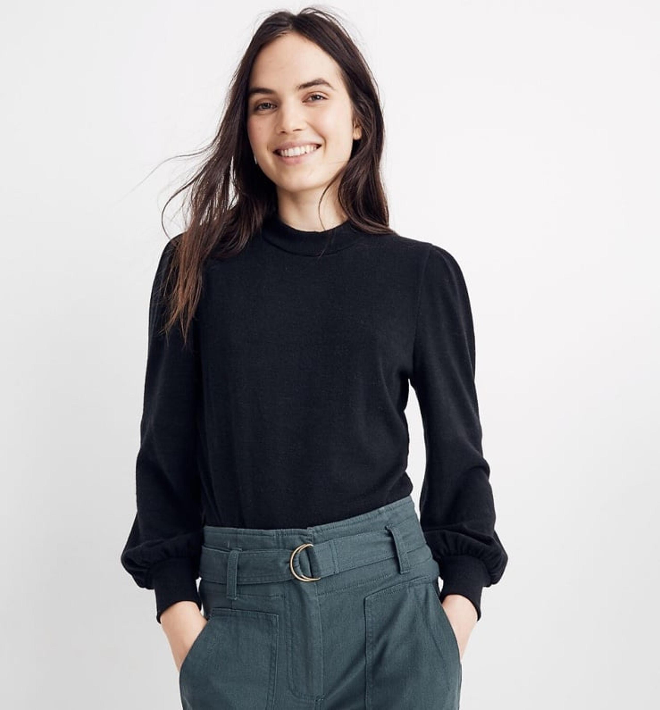 Madewell Puff Sleeve Mock Neck Top Black Pullover Crewneck Sweater Size Small
