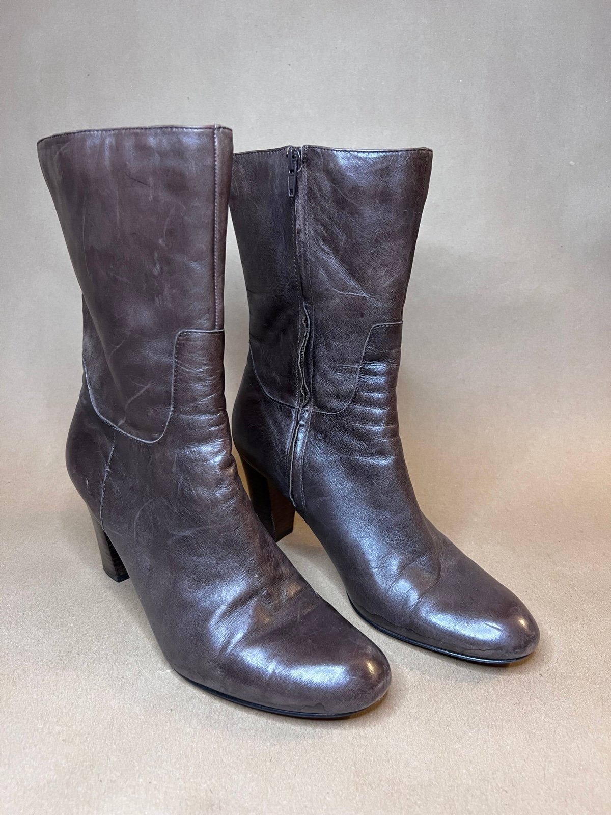 Vintage Nine West Genuine Leather Chocolate Brown Block Heel Zip Boots 9.5 M