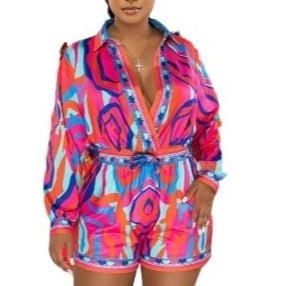 HALFHEART V-Neck Swirl Print Tie Romper EUC
