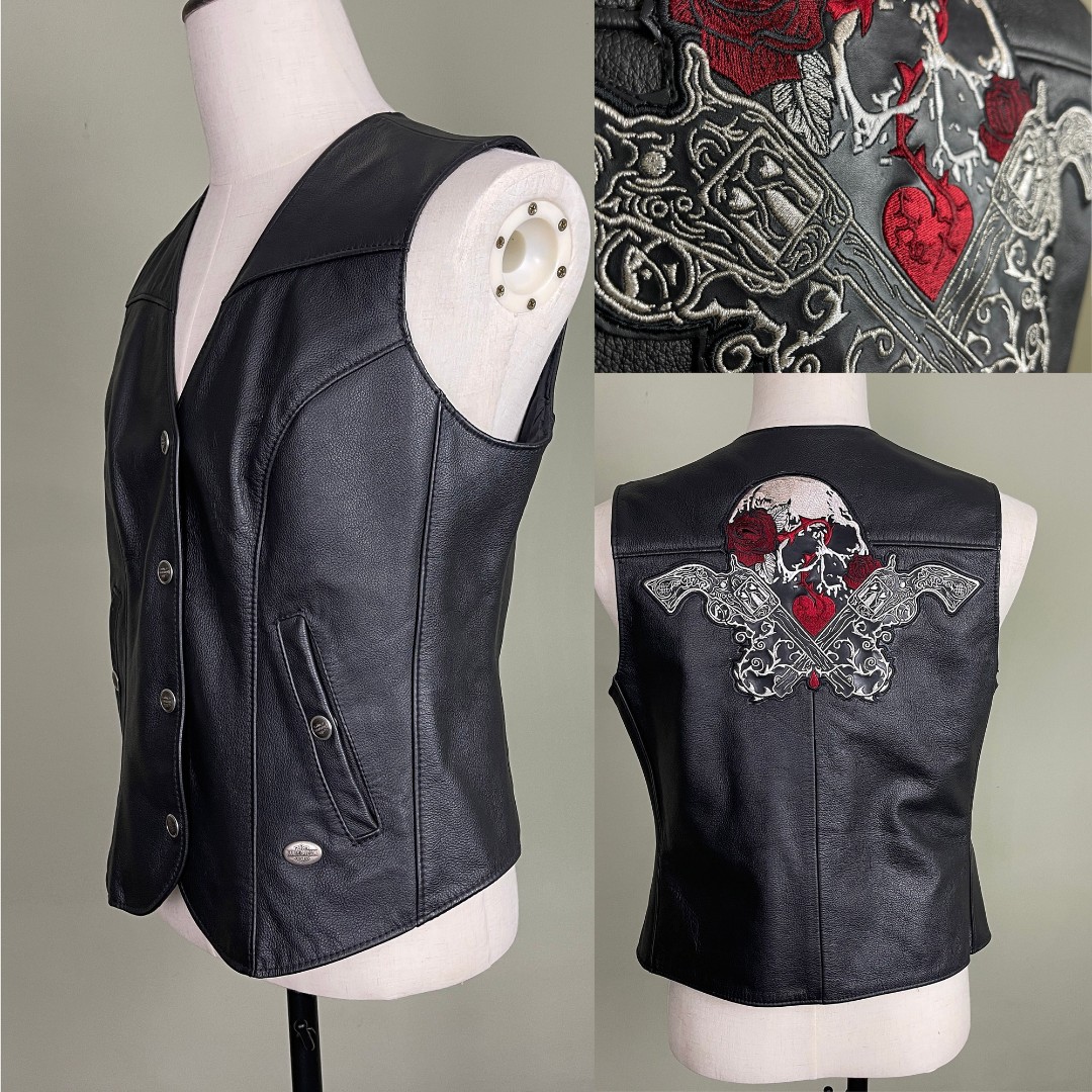 Vintage Y2k Harley Davidson Embroidered Biker Vest, Genuine Leather, Size Large