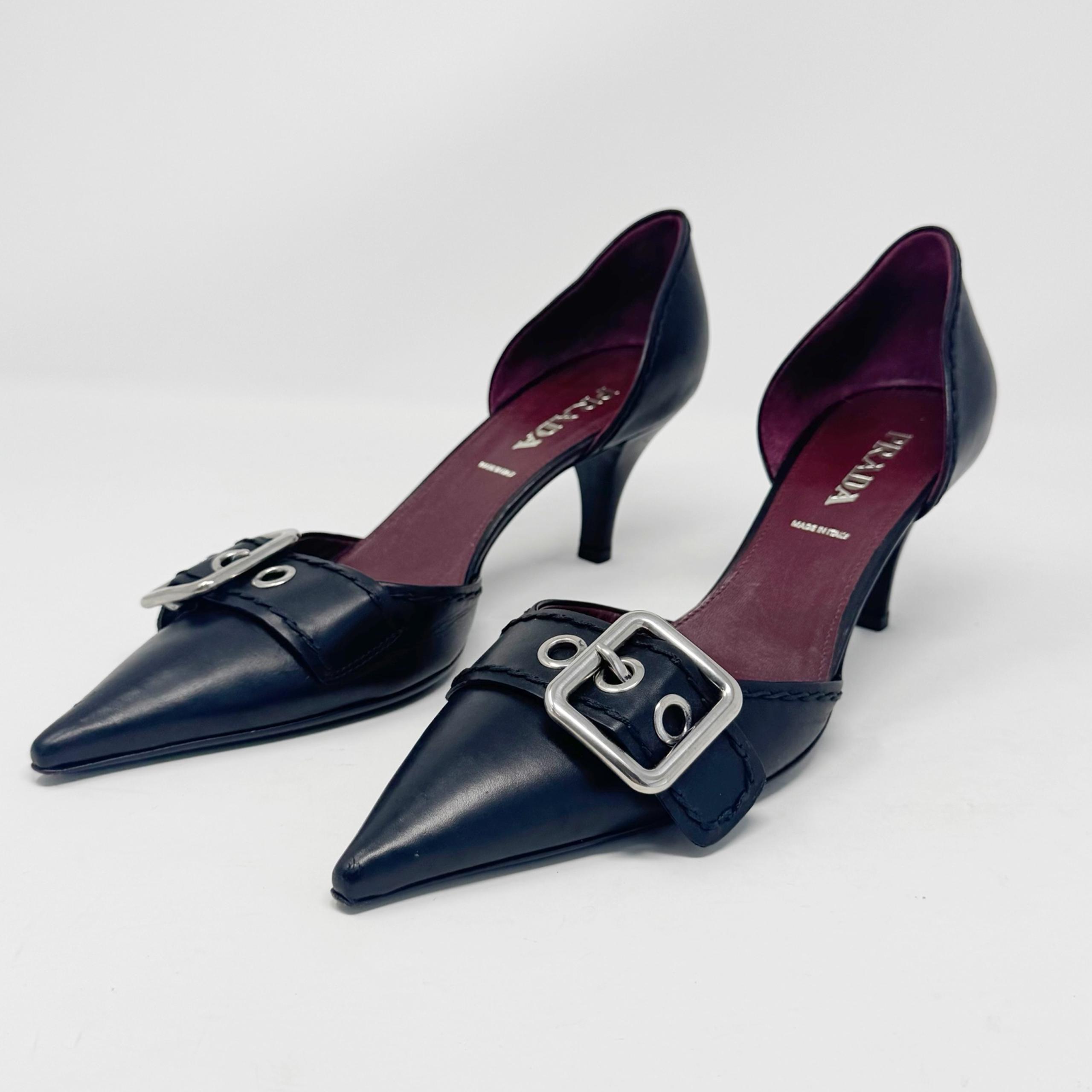 PRADA | Black Leather Heels with Silver Buckle D’Orsay Pumps Women’s Size 39