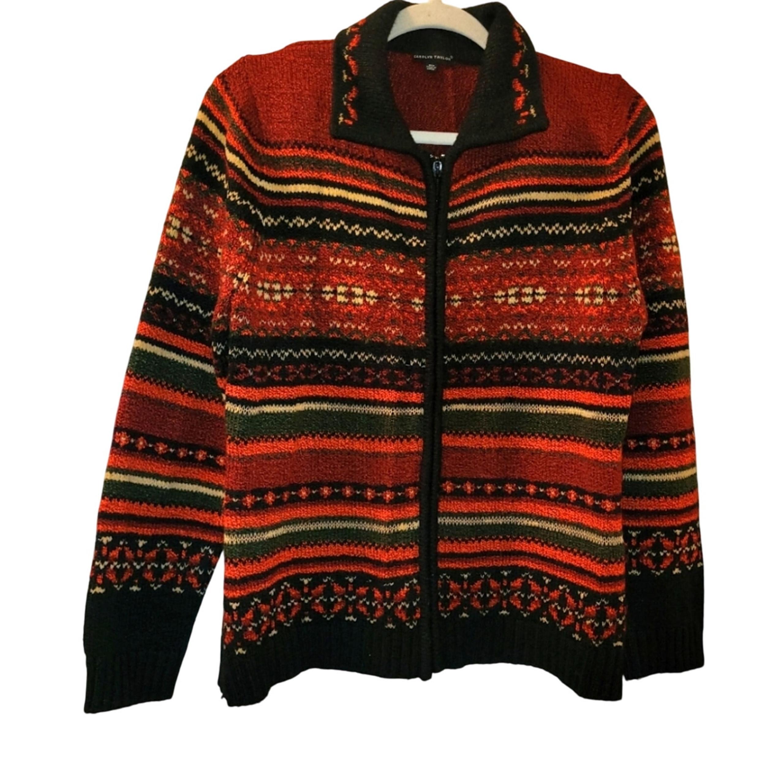 Womens Full Zip Cardigan Sweater Nordic Holiday Carolyn Taylor Size M Red/Orange