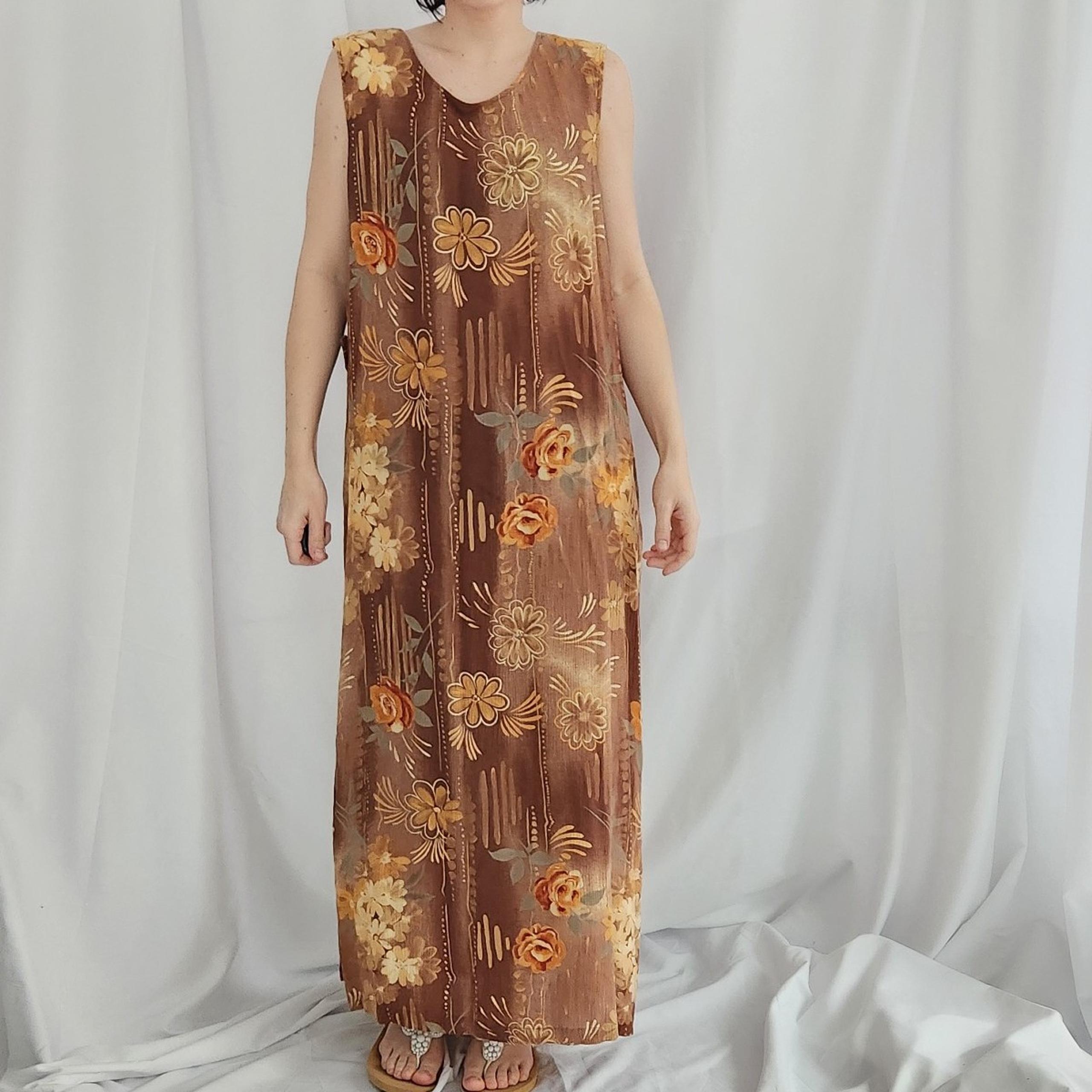 90s/Y2K Brown and Orange Floral Rayon Maxi Dress