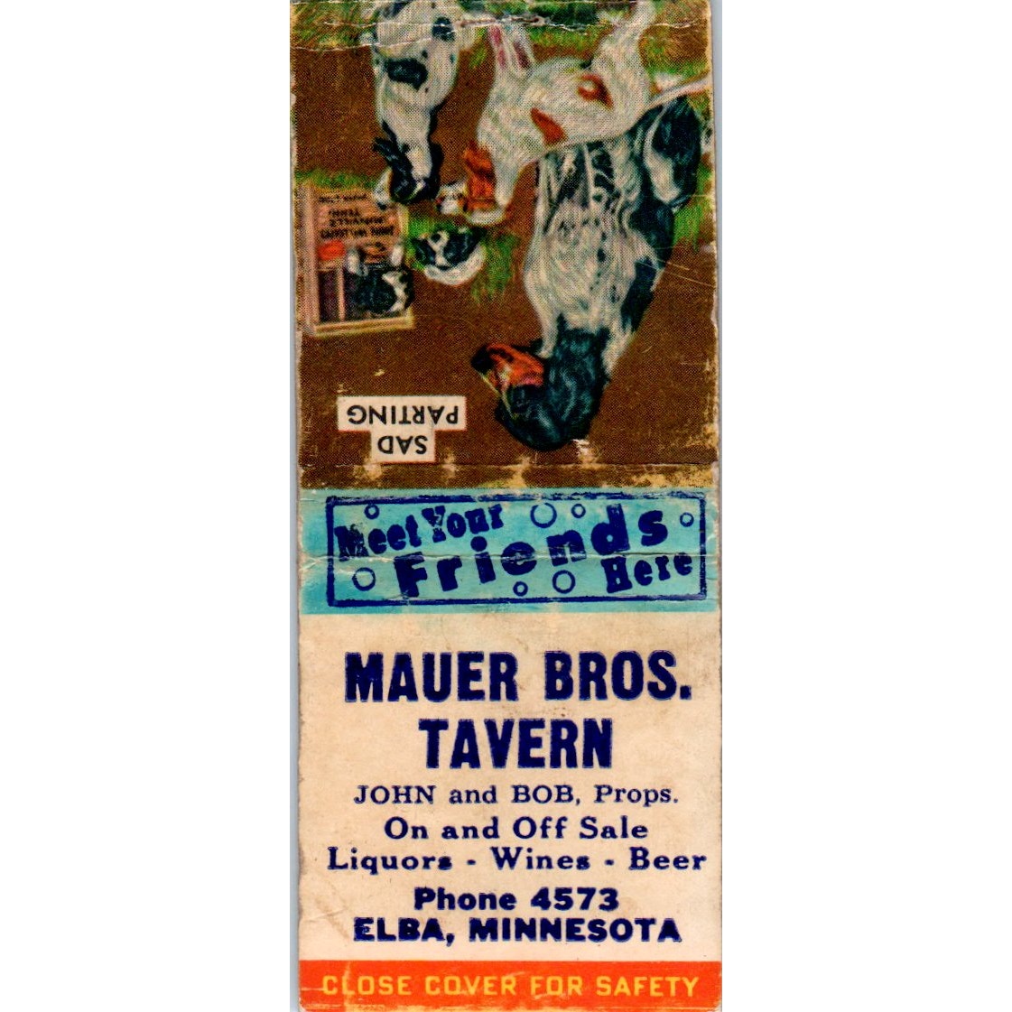 Mauer Bros. Tavern John & Bob Elba MN Vintage Matchbook Cover SF4-Y4