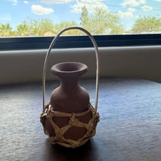 Vintage Miniature Hand Thrown Stoneware Vessel With Wicker Wrap and Handle