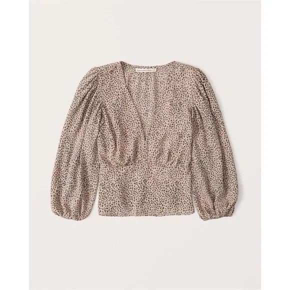 Abercrombie & Fitch Animal Cheetah Print Puff Sleeve V-Neck Blouse Top