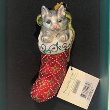 Reed & Barton Glass Ornament Cat In Stoking Cristalized w/Swarovski C3103 Rare