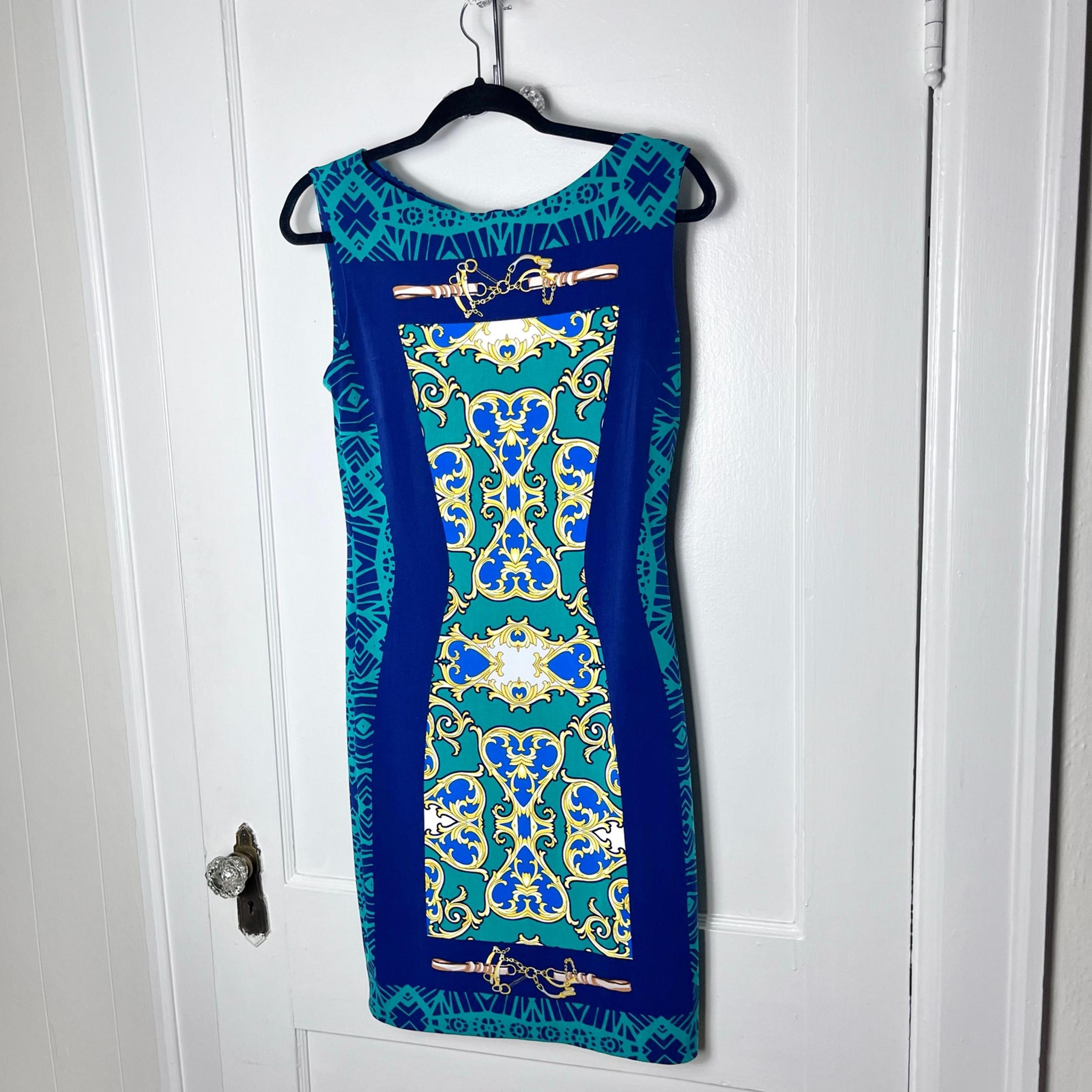 VTG Cache Blue Slinky Sleeveless Sheath Chain Stretch Y2K Blue Mini Dress M