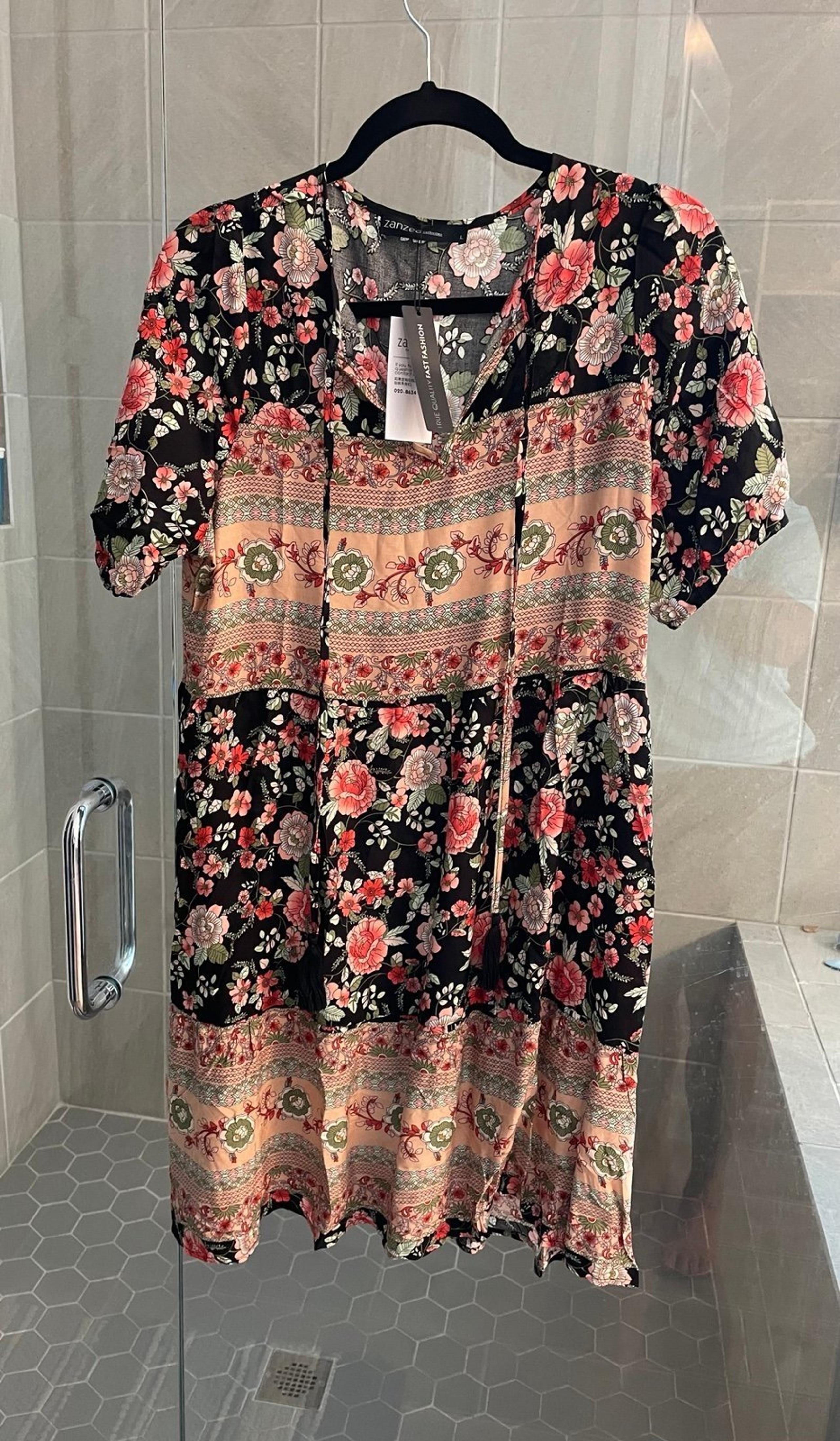 Pink and black lightweight floral midi dress NWT size large