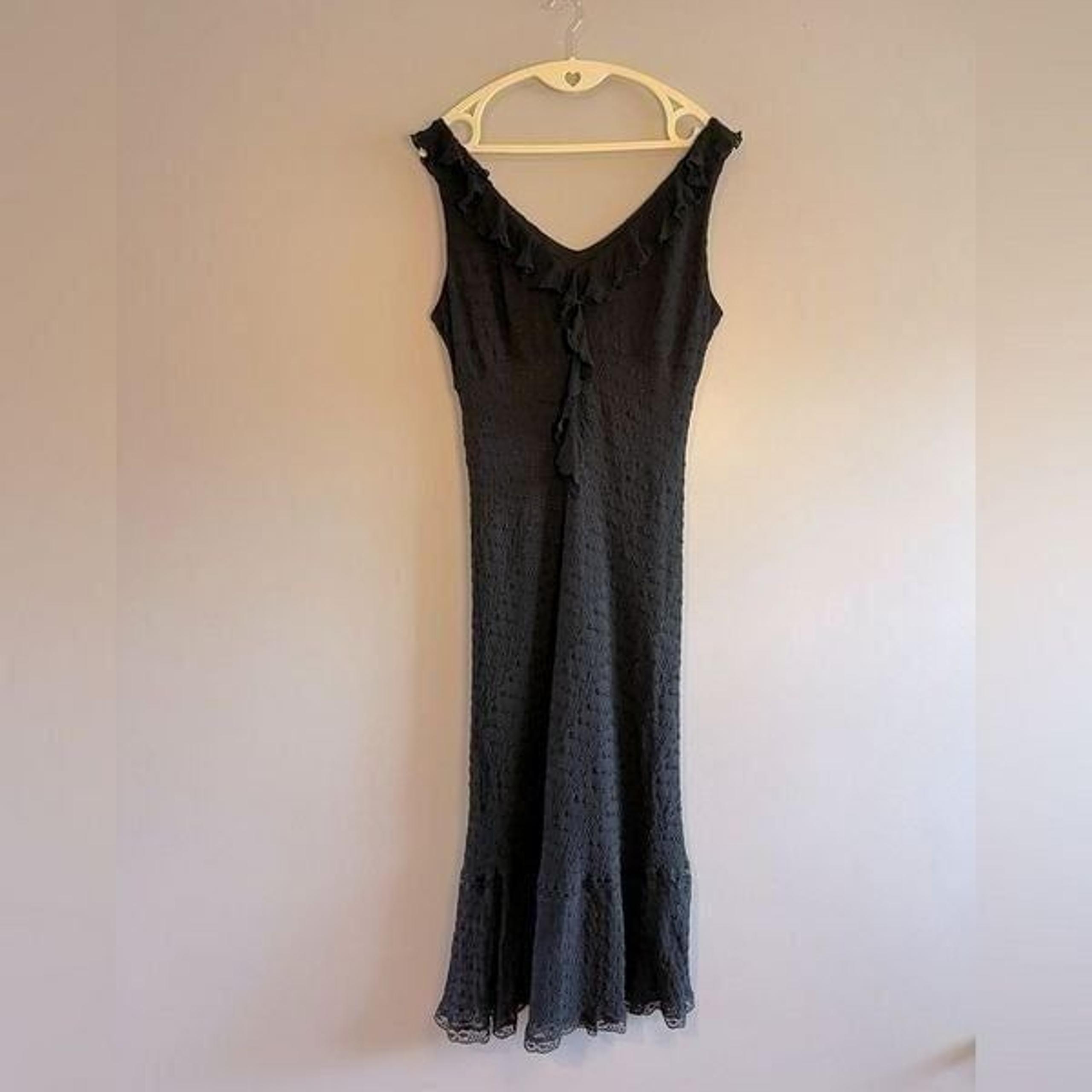 Vintage Jonathan Martin Studio Silk Eyelet Sleeveless Ruffle Flounce Dress Black