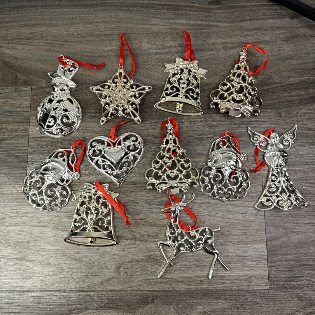 Lenox Sparkle & Scroll Lot of 11 Silver-plate Multi-Crystal Ornaments