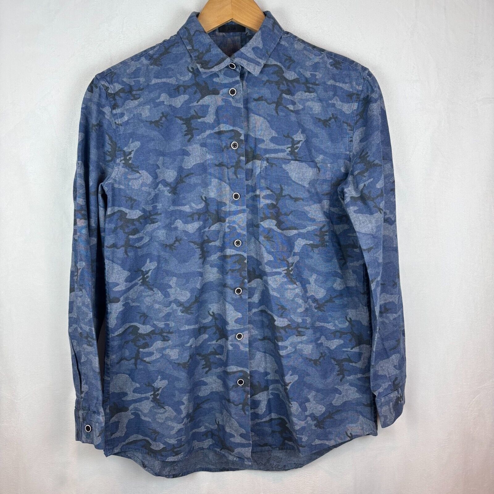 ATM Anthony Thomas Women's Blue Camouflage Button Up Long sleeve Shirt Size XS