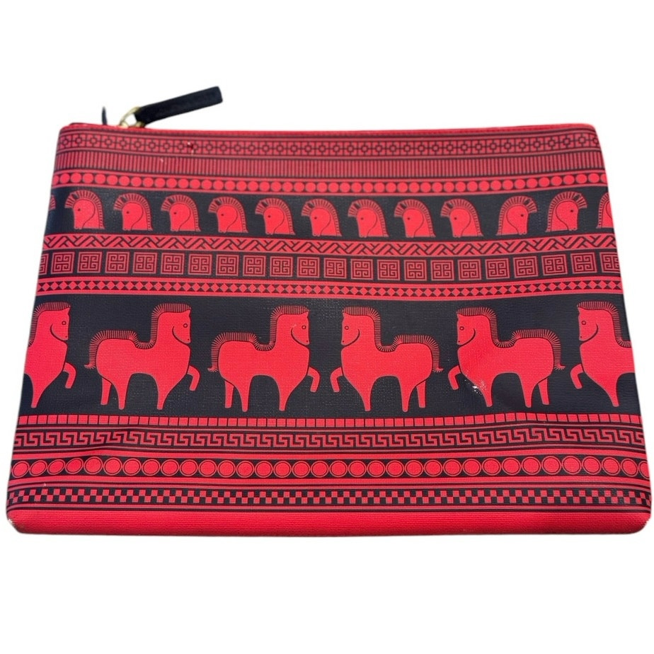 Jonathan Adler Equestrian Horse Southwestern Black Red Large Clutch Purse Bag