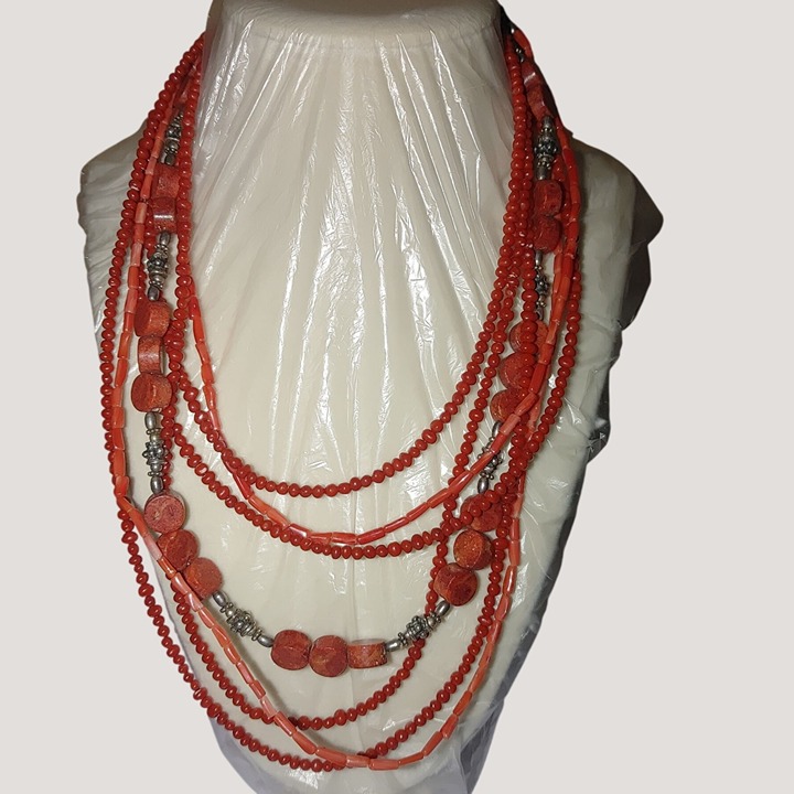 Red Coral Multi Strand Necklace 16 Inch Mexican 925 Sterling Silver Intricate