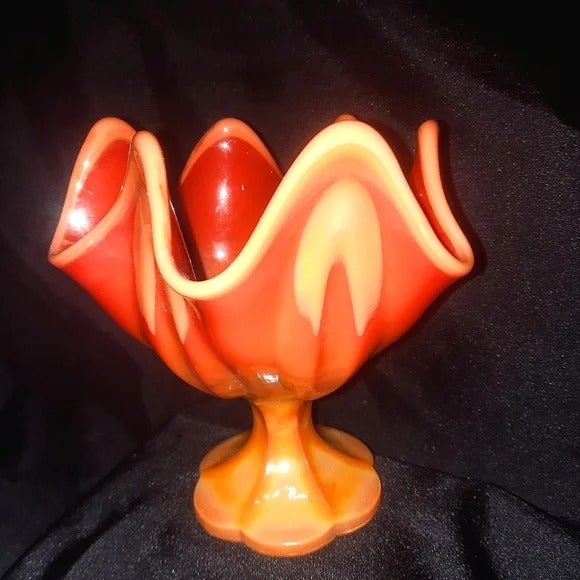 VintageL.E Smith Bittersweet Orange Slag Glass Footed Ruffled Compote Candy Bowl