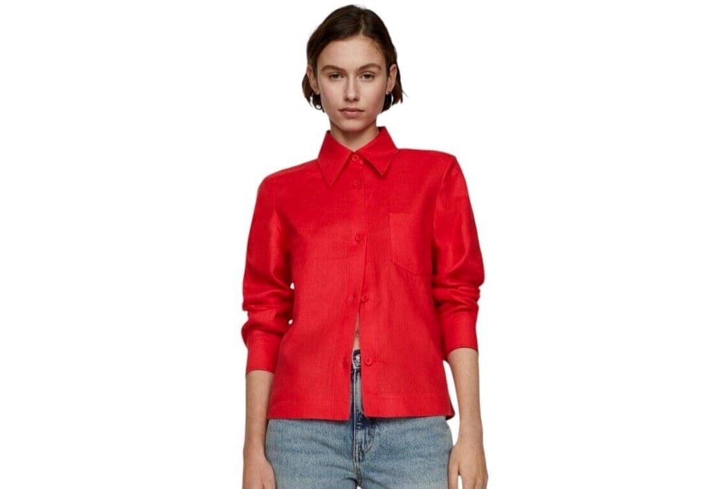 Mango Red Coral 100% Linen Button Front Patch Pocket Shirt Size 6 NWT