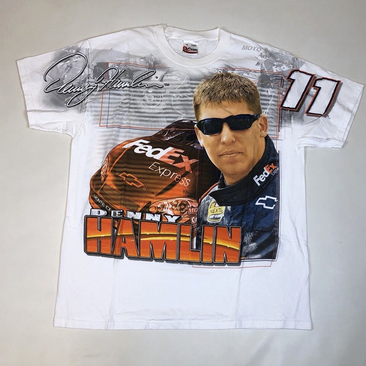 Vintage Denny Hamlin Chase FedEx NASCAR AOP Racing T-Shirt Double Sided Size XL