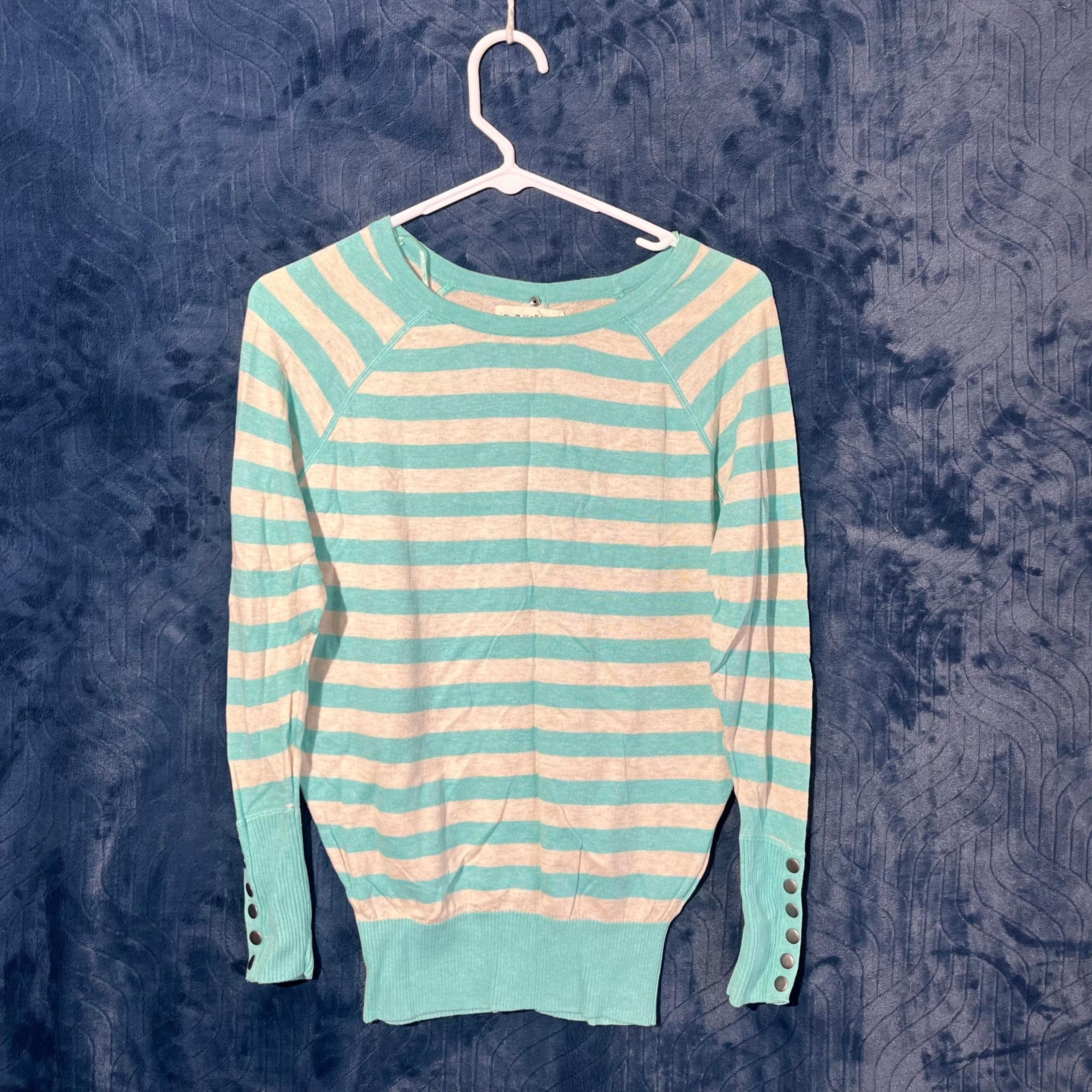 If It Were Me Knitted Torquoise White Striped Casual Long Sleeve Shirt Womans XS
