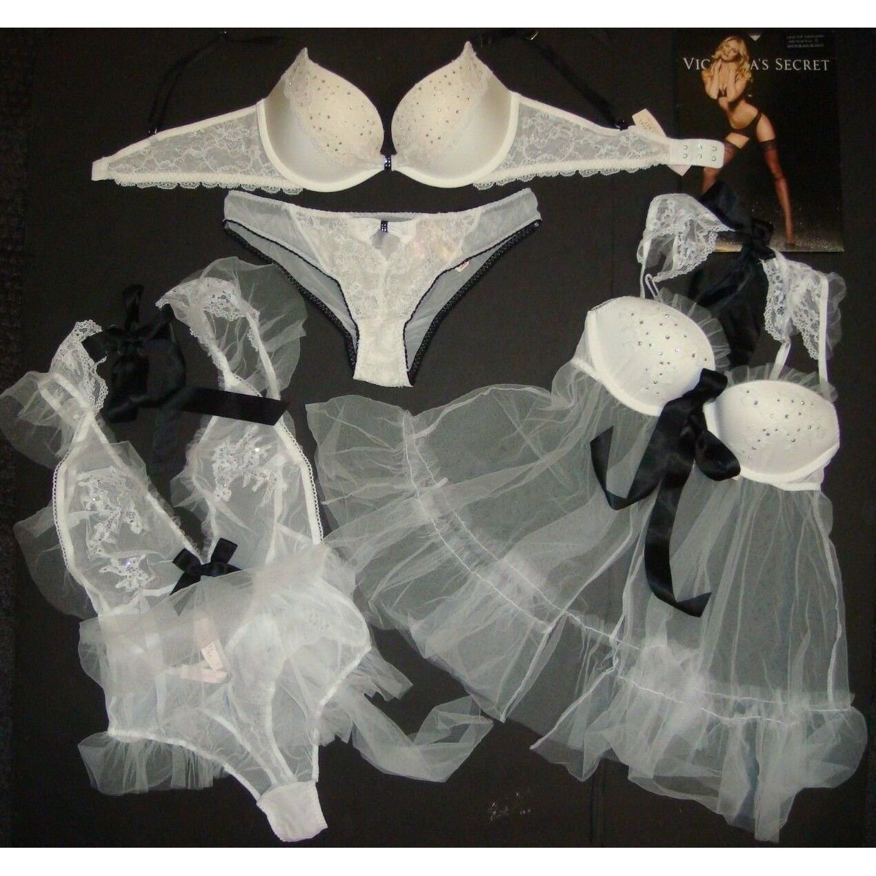 Victoria's Secret 32D,34B BRA SET+34B,34C BABYDOLL+TEDDY WHITE BLACK Bridal I DO