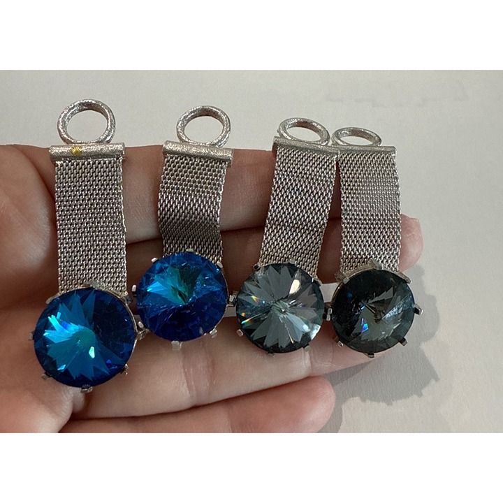 Vintage mesh cufflinks, Blue Black Rivoli Glass stones 2 pair