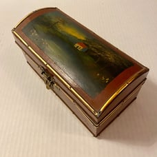 Jewelry Trinket Box Wood Hand Painted Domed Hinged Lid Metal Trim Decorative