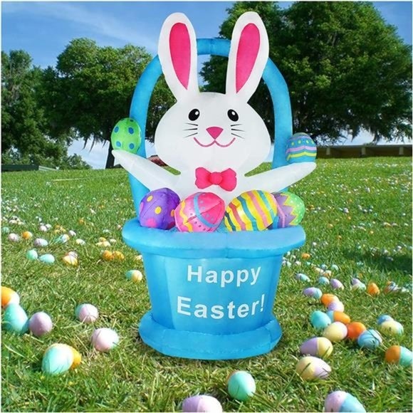 5FT Easter Inflatables Outdoor Decorations Bunny with Basket & Colorful Eggs