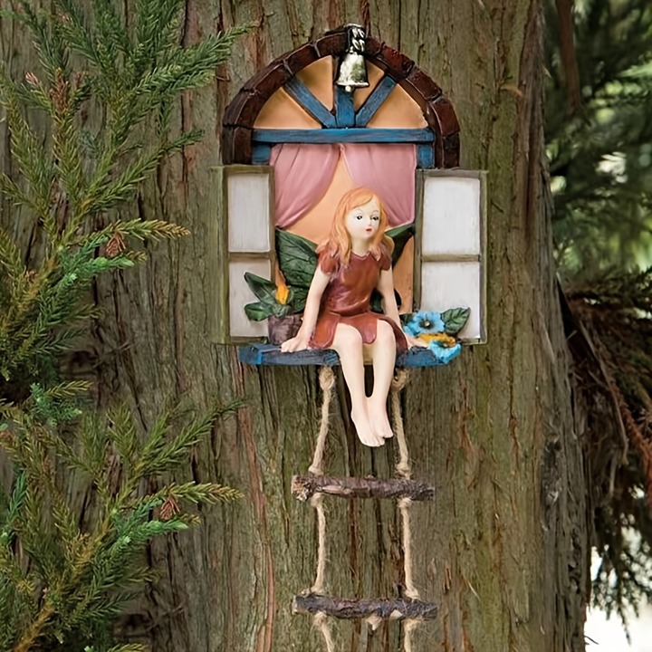 1pc Enchanting Fairy Garden Decoration - Cute Fairy Climbing Rope Resin Pendant