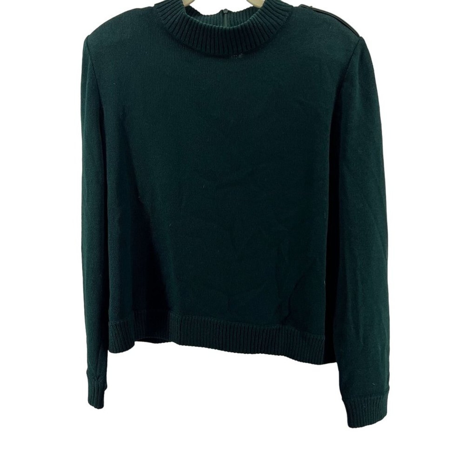 VTG St John Dark Green Knit Sweater Leather Epaulettes Shoulder Detail Size 14