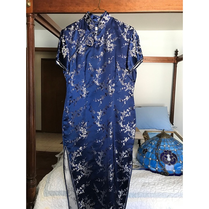 Vtg XQ Xin Qiao 1998 Qipao Cheongsam Pure Silk Dress Deep Navy With Silver