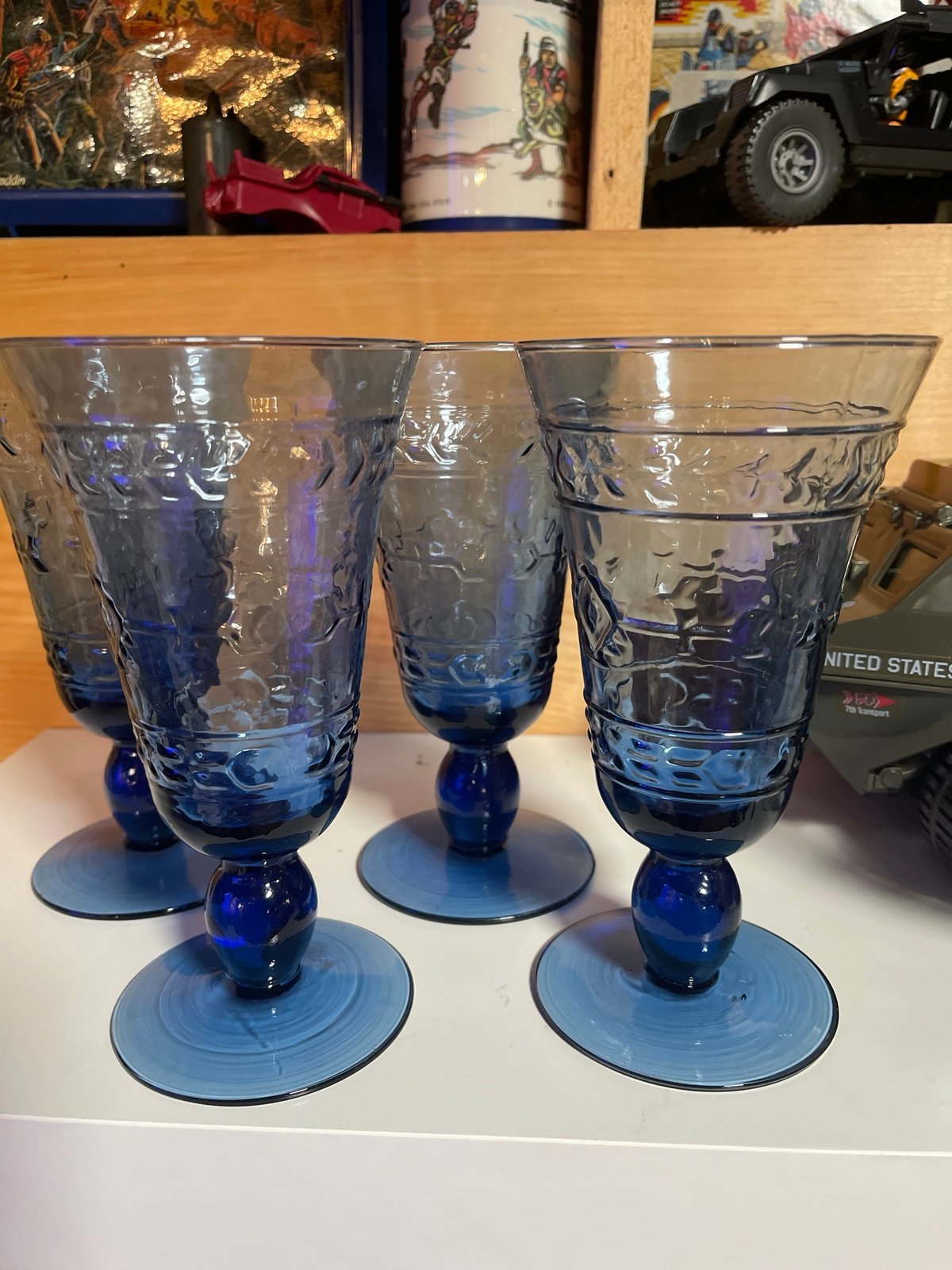 VTG Cobalt Blue Drinking Glasses Goblets Navajo Indian Design 7 Set of 12