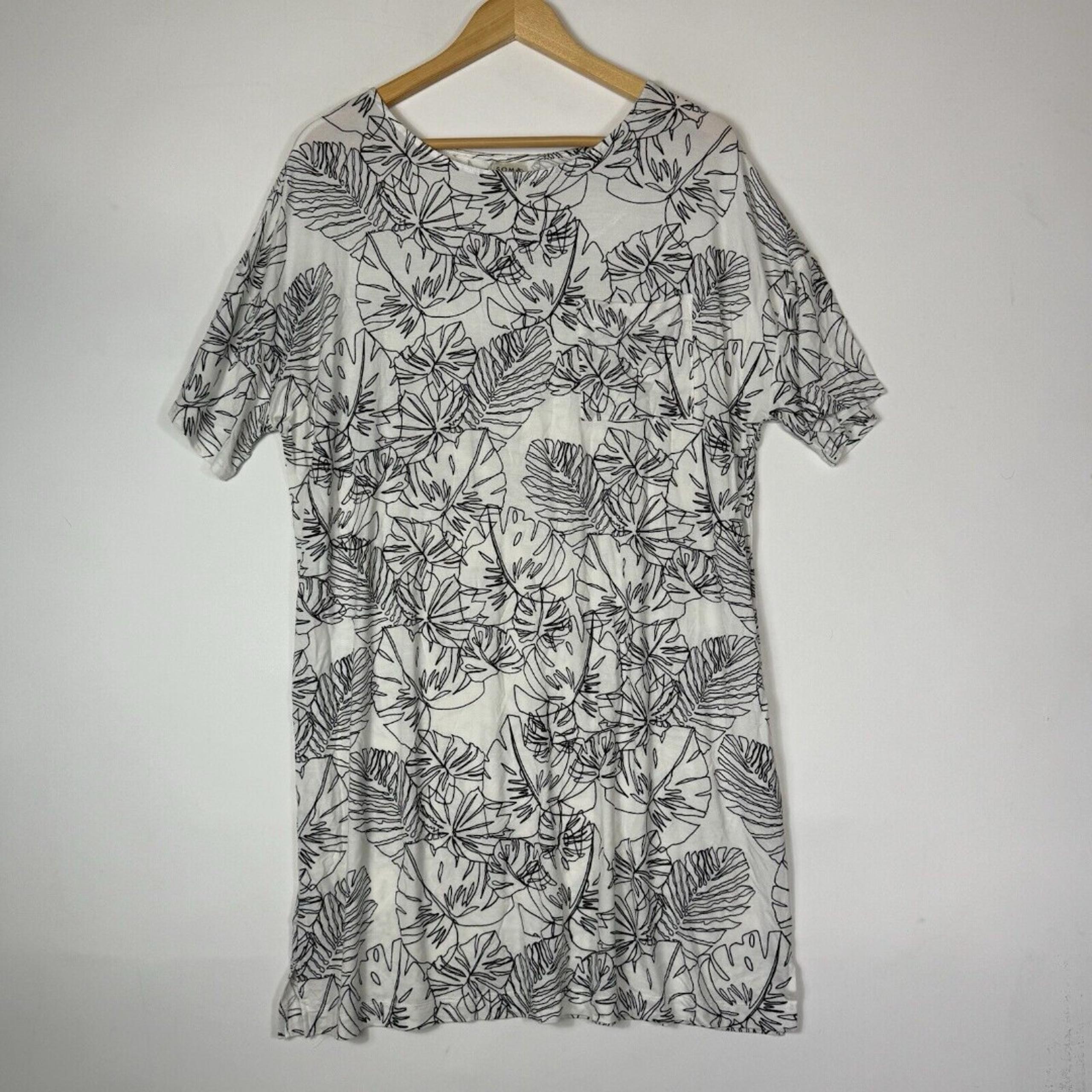 Soma Black White Tropical Leaves Jersey Short Sleeve Shirt Dress Women's Large