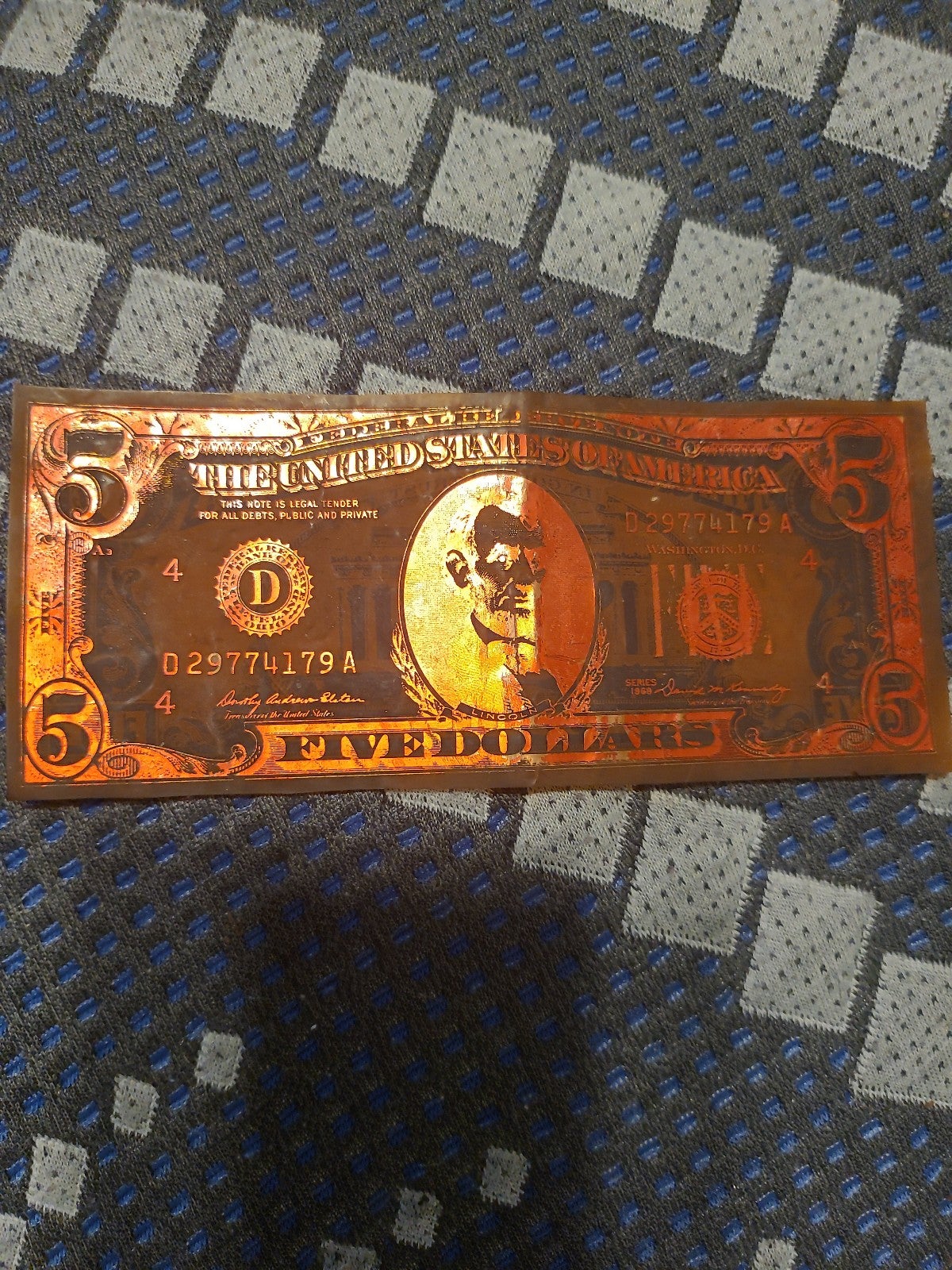 1969 5 dollar bill plate. So i am told.