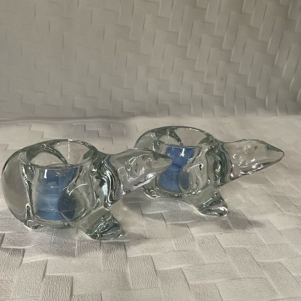 Two Vintage Indiana Glass Clear Glass Polar Bears Votive Candle Holder TeaLight