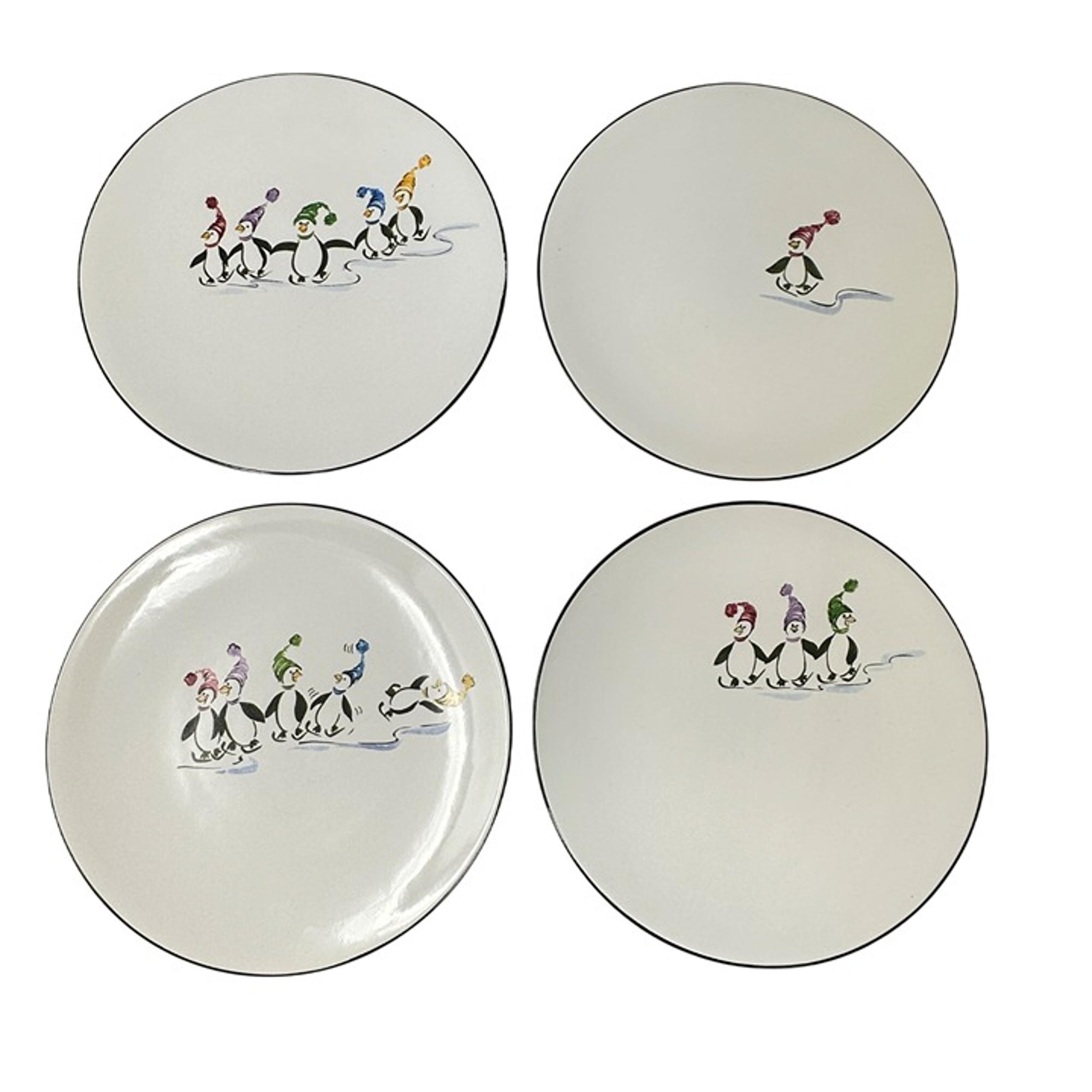 Pfaltzgraff Penguin Skate Salad Plates Set Holiday Theme 8 In Christmas Dishes