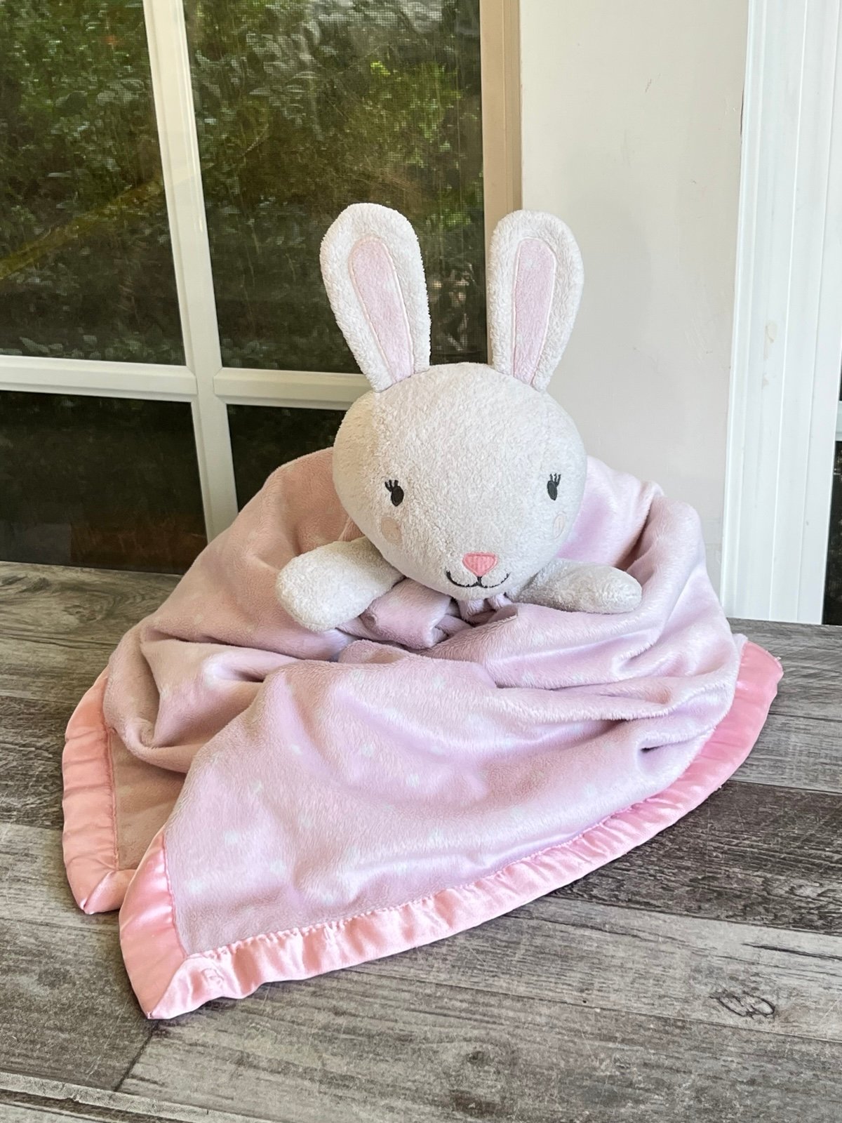 Cloud Island Pink White Polka Dot Bunny Security Blanket Lovey Large Satin Trim