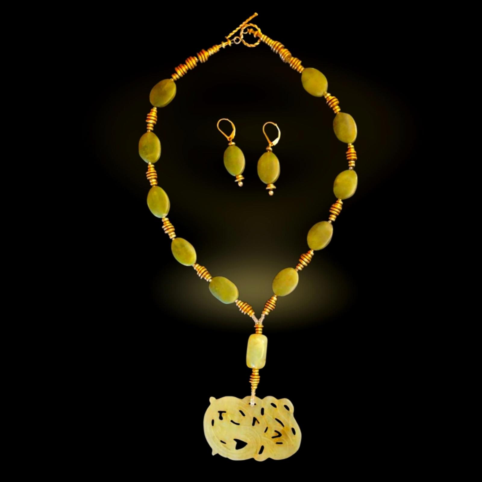 COPY - NEPHRITE JADE Necklace & Earrings w Antique Mutton Fat Pendant 12