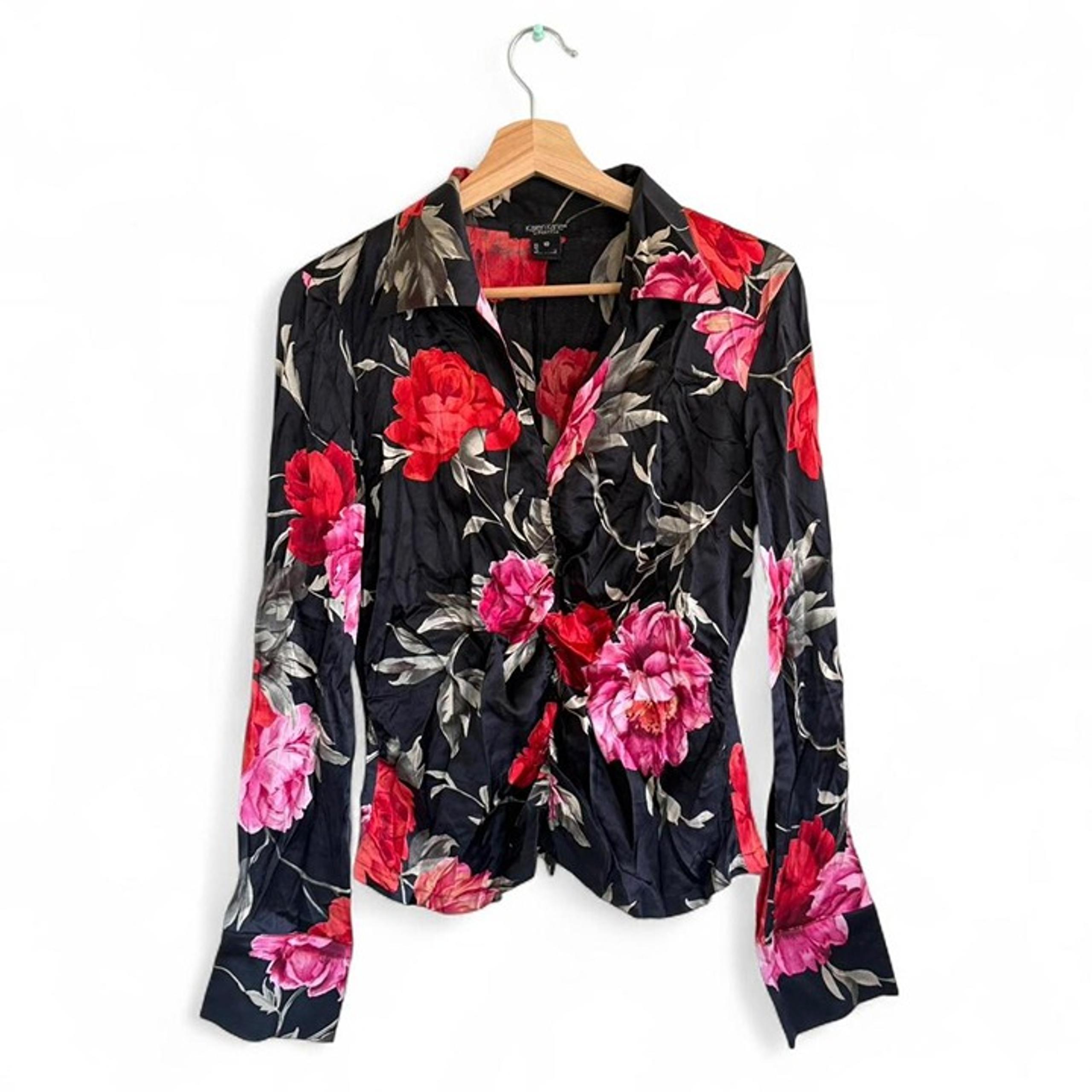 KAREN KANE BLACK MULTICOLOR FLORAL ROSE BLOUSE SILK WOMENS 10
