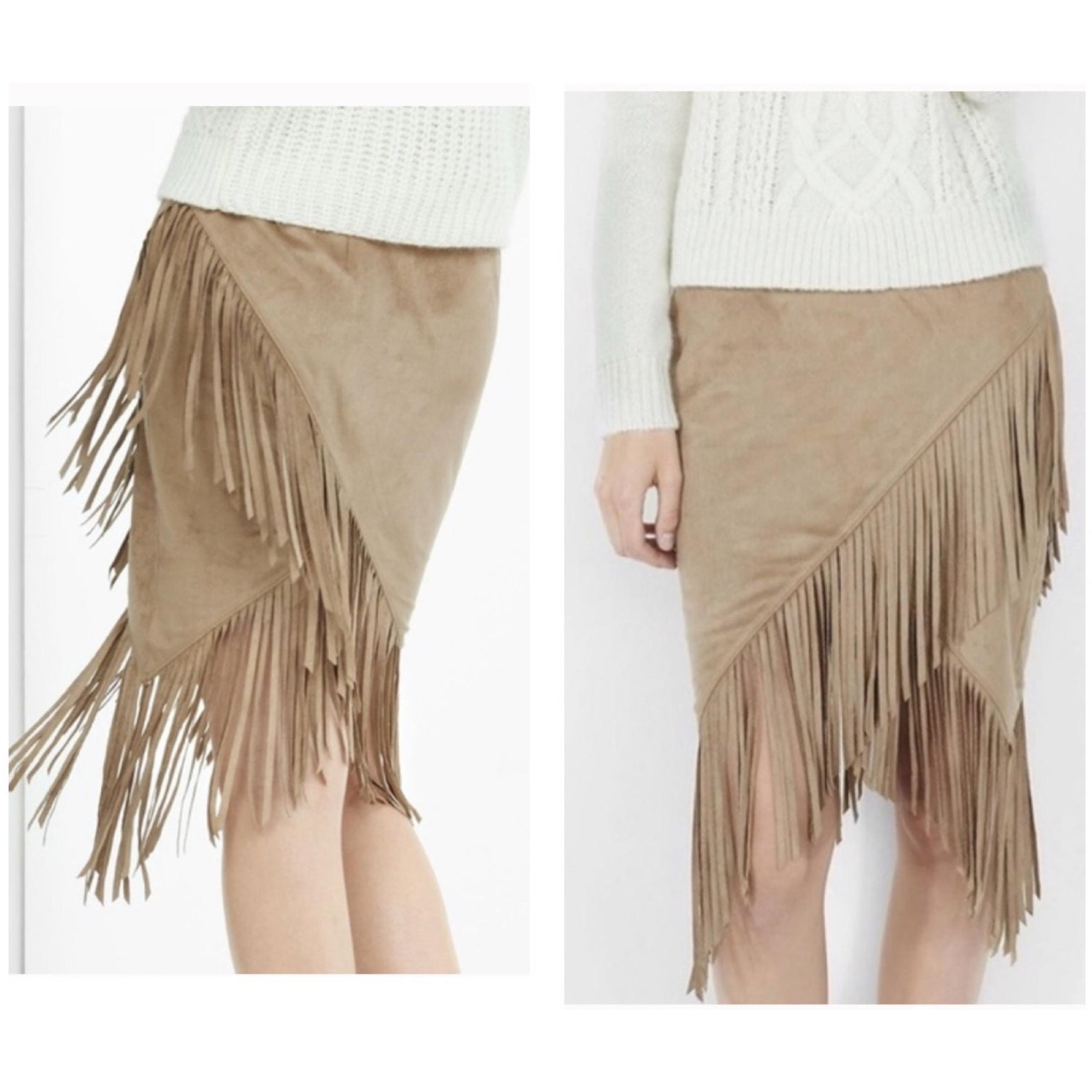 Faux Suede Symmetrical Fringe Skirt in a tan/ brown colour size 4 - Express